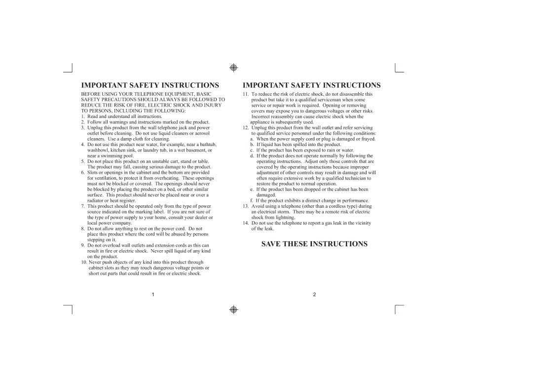 Southwestern Bell FM2552/FM2000 owner manual Important Safety Instructions 