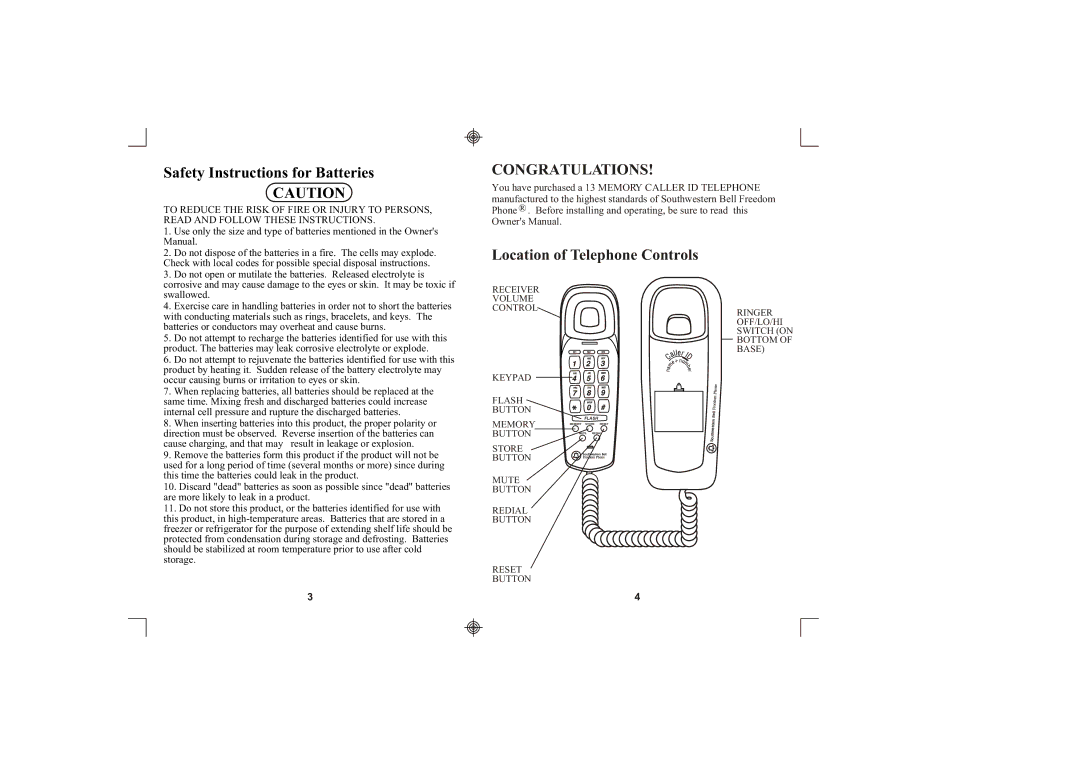 Southwestern Bell FM2552/FM2000 Safety Instructions for Batteries, Congratulations, Location of Telephone Controls 