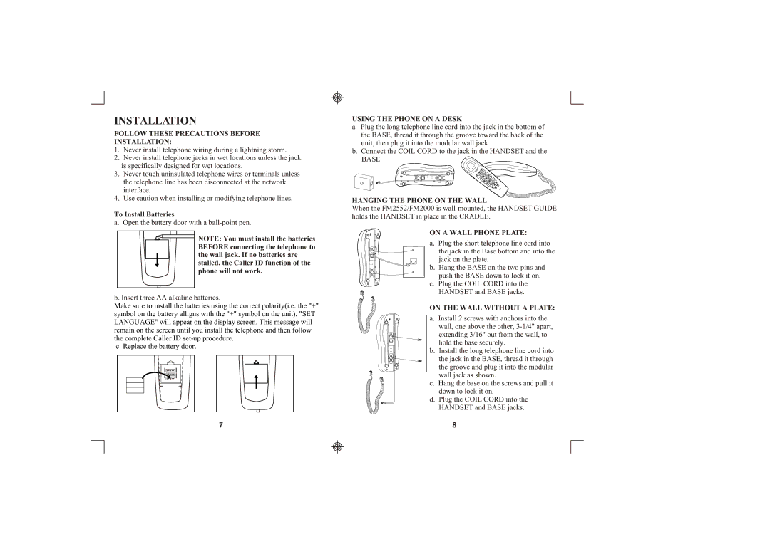 Southwestern Bell FM2552/FM2000 owner manual Installation 