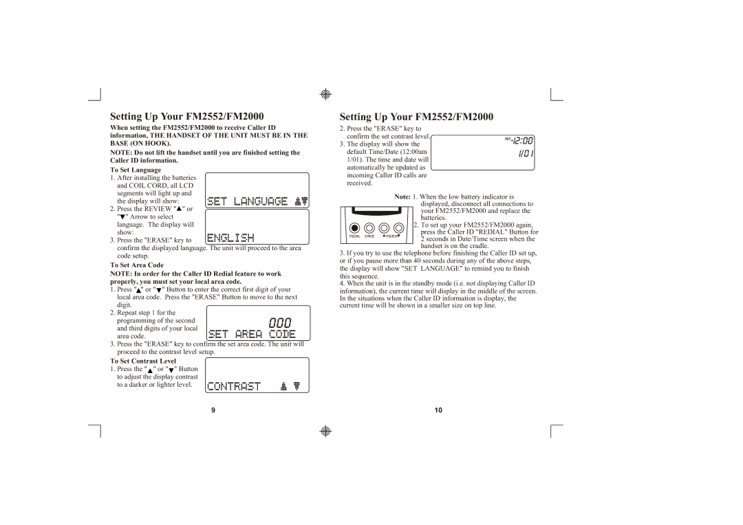 Southwestern Bell Setting Up Your FM2552/FM2000, To Set Area Code, To Set Contrast Level, To a darker or lighter level 