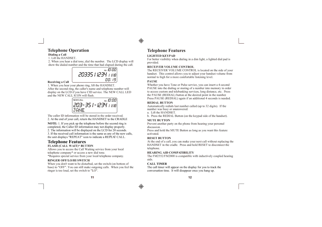 Southwestern Bell FM2552/FM2000 owner manual Telephone Operation, Telephone Features 