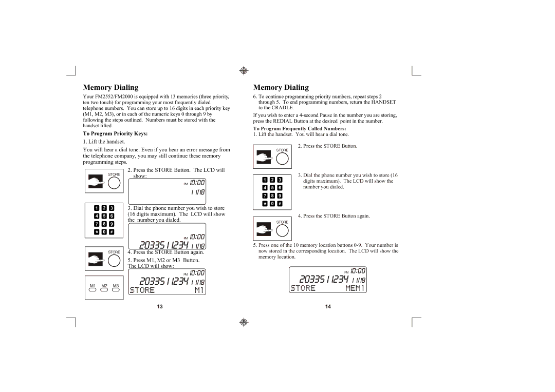 Southwestern Bell FM2552/FM2000 owner manual Memory Dialing, To Program Priority Keys, To Program Frequently Called Numbers 