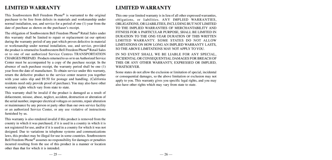 Southwestern Bell FM2552PX owner manual Limited Warranty 