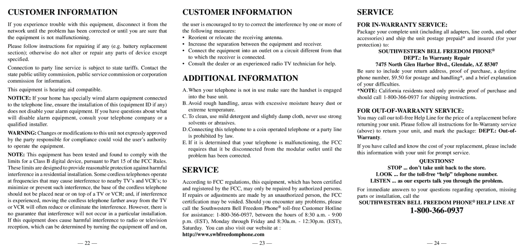 Southwestern Bell FM2552PX owner manual Additional Information, For IN-WARRANTY Service, For OUT-OF-WARRANTY Service 