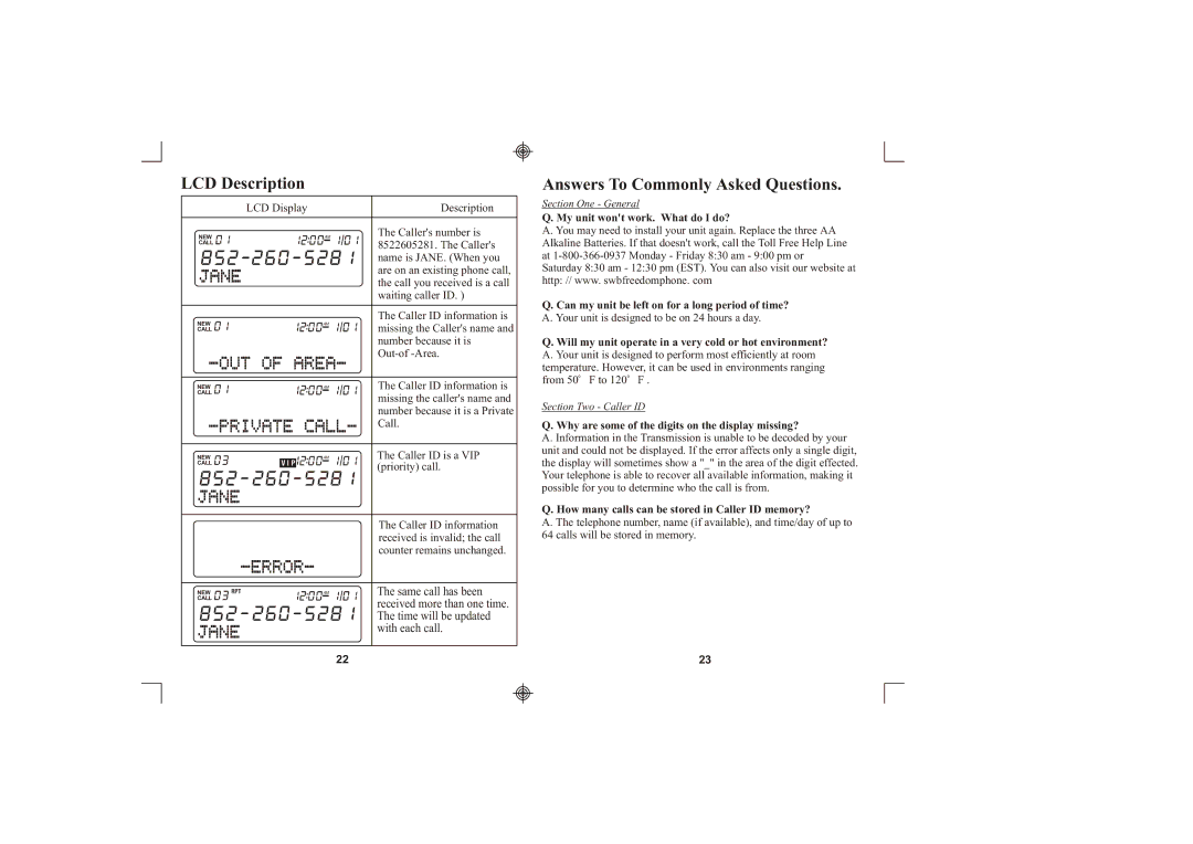 Southwestern Bell FM2560 owner manual LCD Description, Answers To Commonly Asked Questions 