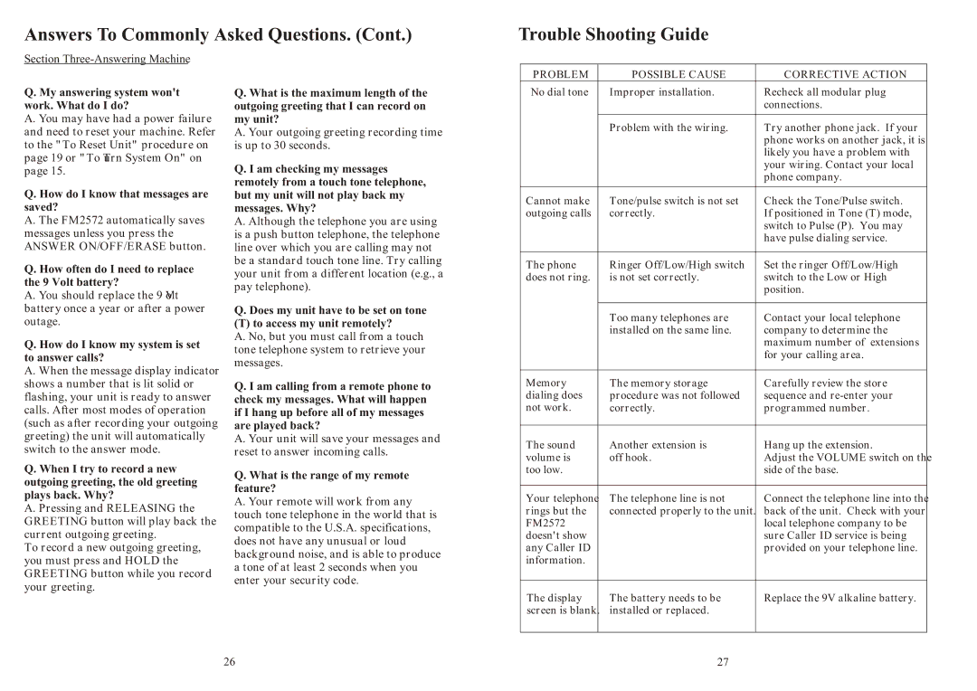 Southwestern Bell FM2572 owner manual Answers To Commonly Asked Questions, Trouble Shooting Guide 