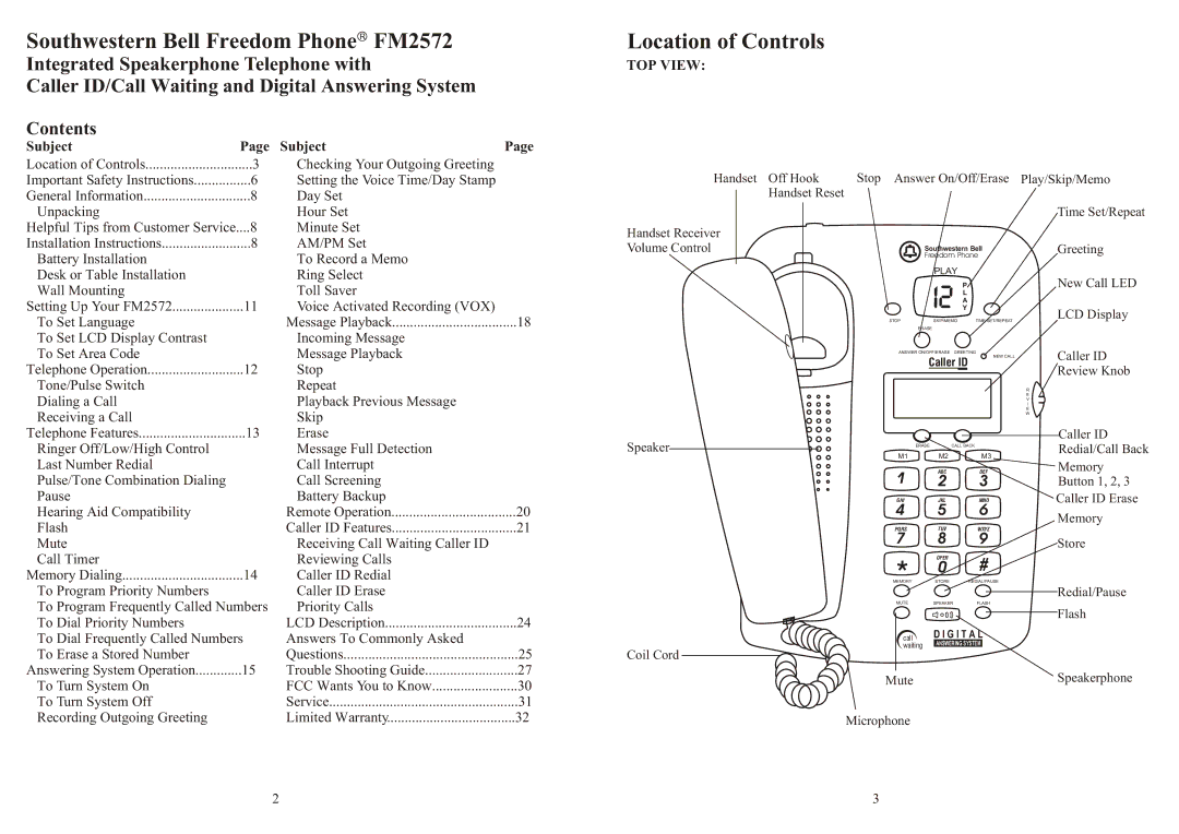 Southwestern Bell owner manual Southwestern Bell Freedom Phone R FM2572, Location of Controls, Contents, Subject 