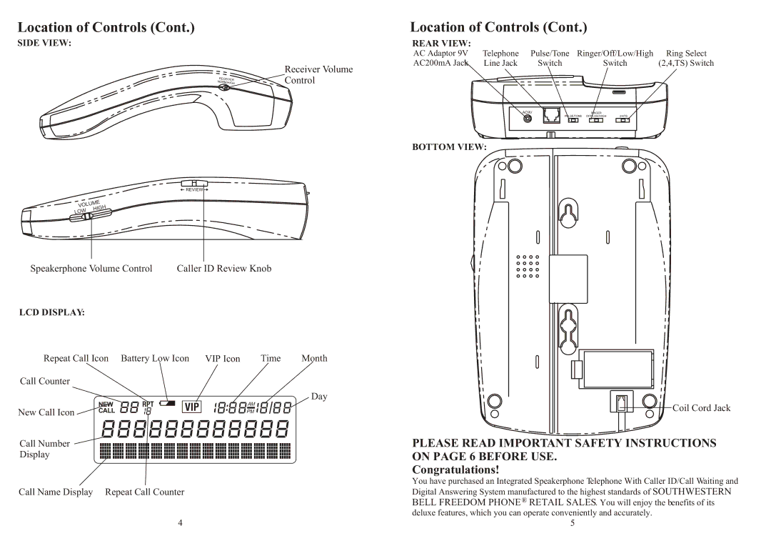 Southwestern Bell FM2572 Congratulations, Receiver Volume Control, Speakerphone Volume Control Caller ID Review Knob 
