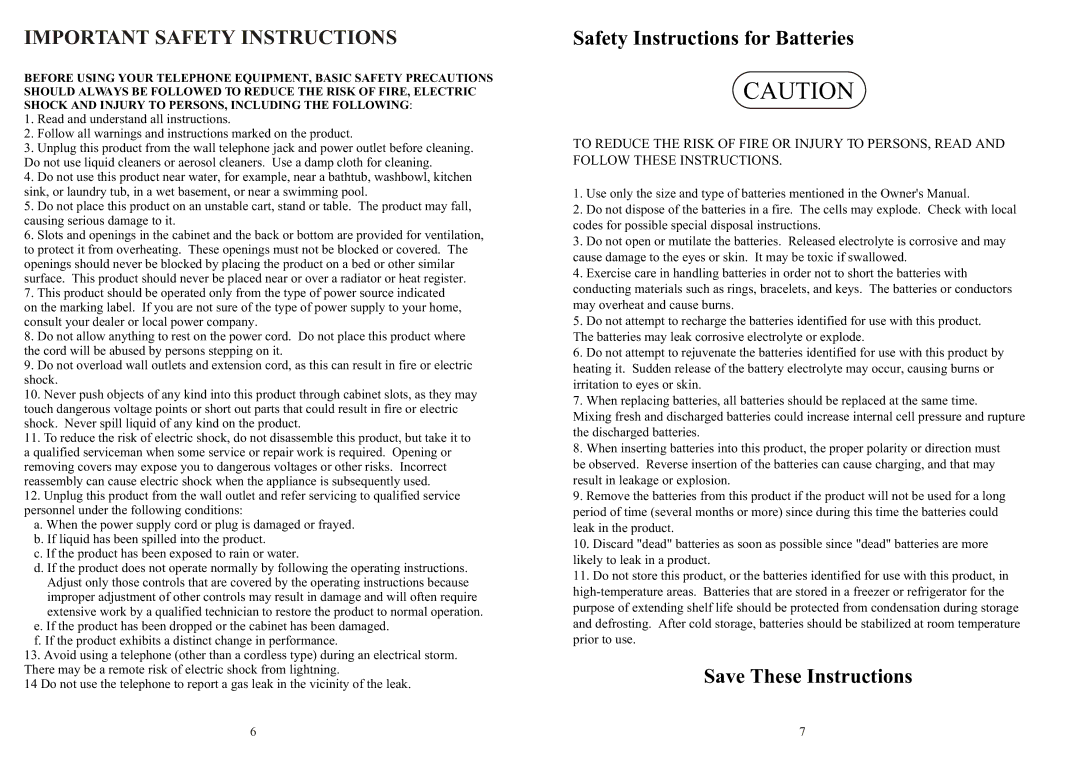 Southwestern Bell FM2572 owner manual Important Safety Instructions, Safety Instructions for Batteries 