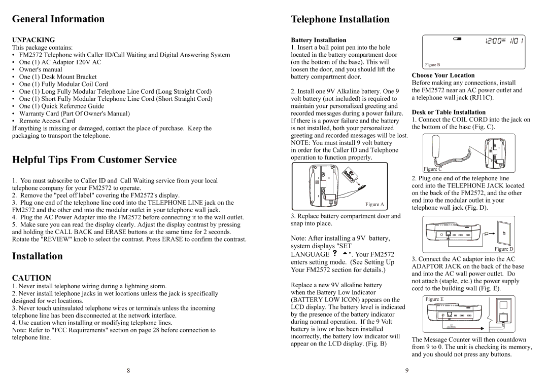 Southwestern Bell FM2572 owner manual General Information Telephone Installation, Helpful Tips From Customer Service 