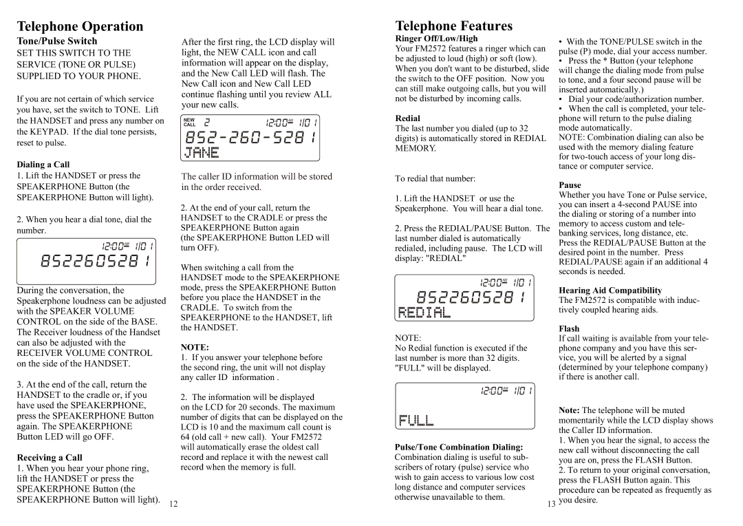 Southwestern Bell FM2572 owner manual Telephone Operation, Telephone Features 