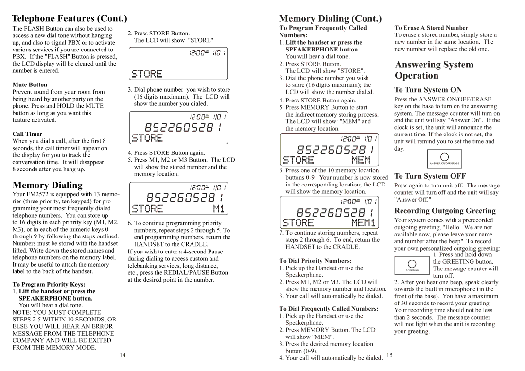 Southwestern Bell FM2572 owner manual Memory Dialing, Answering System Operation, To Turn System on, To Turn System OFF 