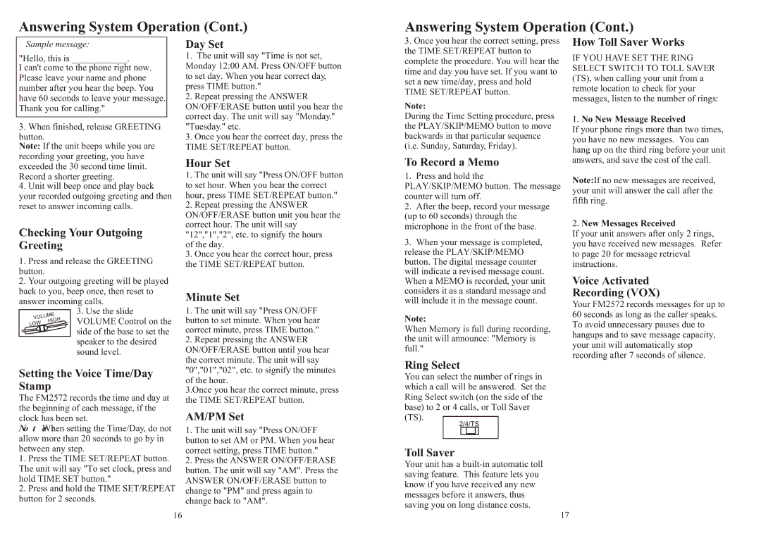 Southwestern Bell FM2572 How Toll Saver Works, Checking Your Outgoing Greeting, Hour Set, Minute Set, To Record a Memo 