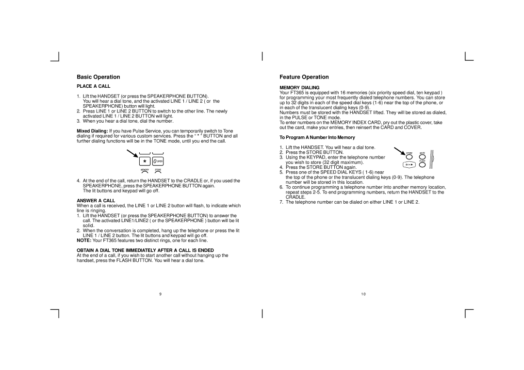 Southwestern Bell FT365 owner manual Feature Operation, Place a Call, Answer a Call, Memory Dialing 