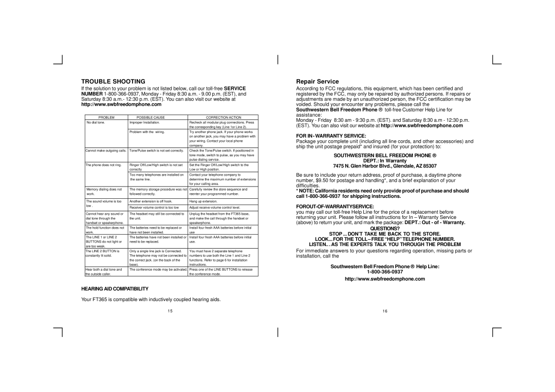 Southwestern Bell FT365 Repair Service, Hearing AID Compatibility, For in Warranty Service, Forout-Of-Warrantyservice 