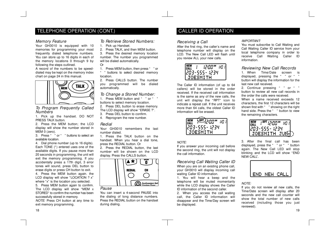 Southwestern Bell GH3010S owner manual Telephone Operation Caller ID Operation 