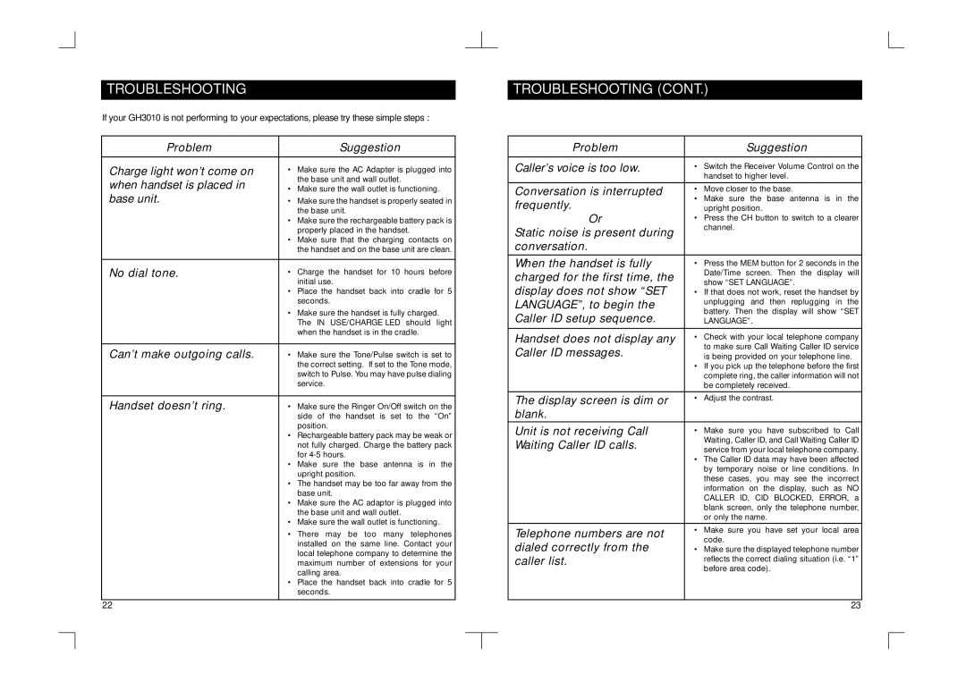 Southwestern Bell GH3010S owner manual Troubleshooting 