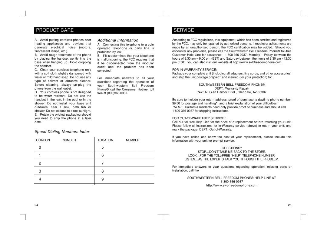 Southwestern Bell GH3010S owner manual Product Care, Service, Additional Information, Speed Dialing Numbers Index 