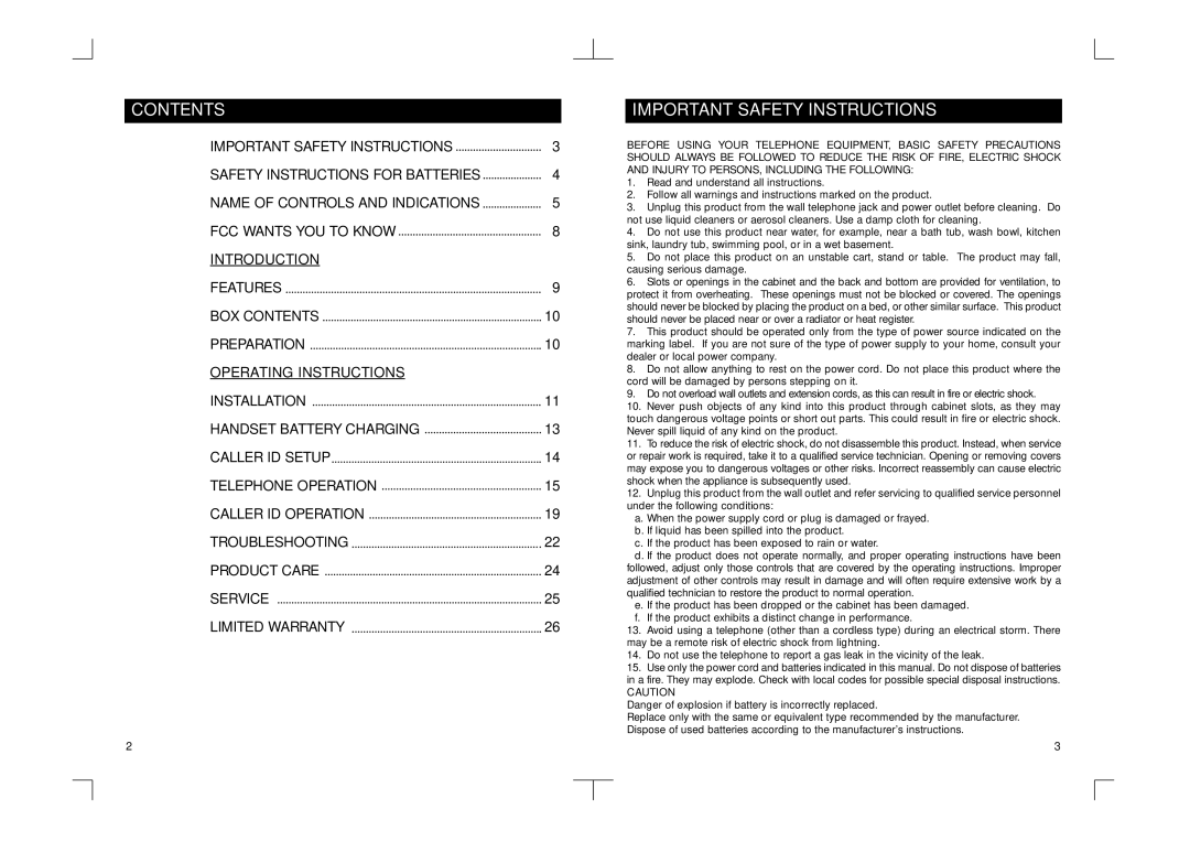 Southwestern Bell GH3010S owner manual Contents, Important Safety Instructions 