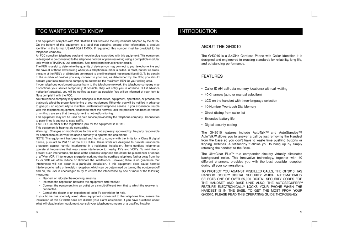 Southwestern Bell GH3010S owner manual FCC Wants YOU to Know, Introduction 