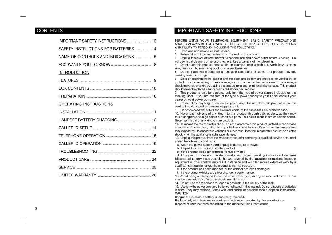 Southwestern Bell GH3012NB owner manual Contents, Important Safety Instructions 