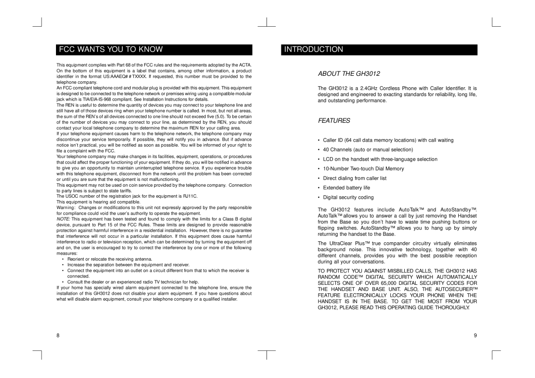 Southwestern Bell GH3012NB owner manual FCC Wants YOU to Know, Introduction 