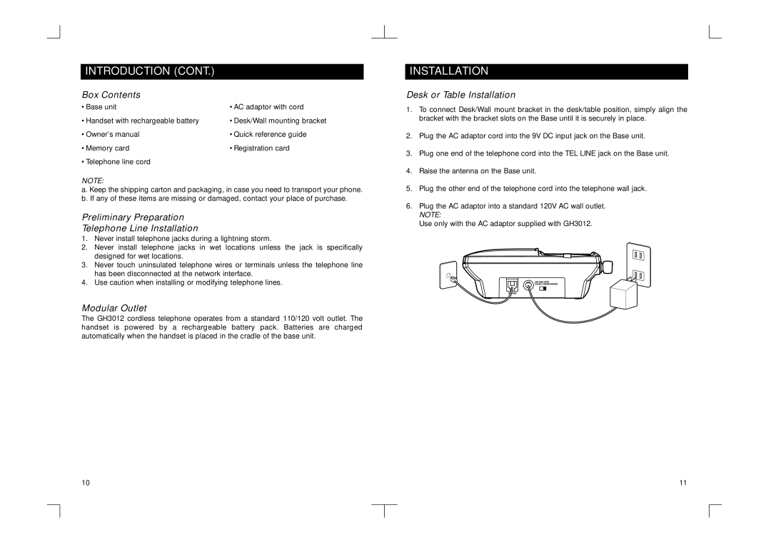 Southwestern Bell GH3012NB Box Contents, Preliminary Preparation Telephone Line Installation, Modular Outlet 