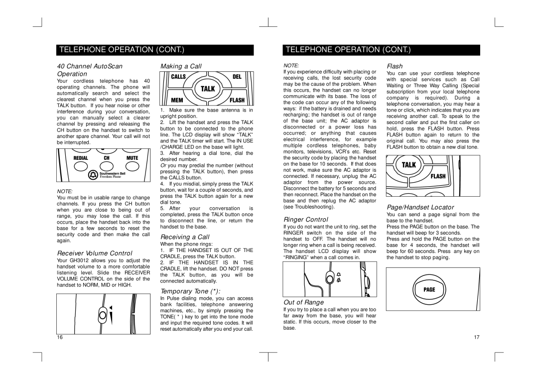 Southwestern Bell GH3012NB Channel AutoScan Operation, Receiver Volume Control, Making a Call, Receiving a Call, Flash 