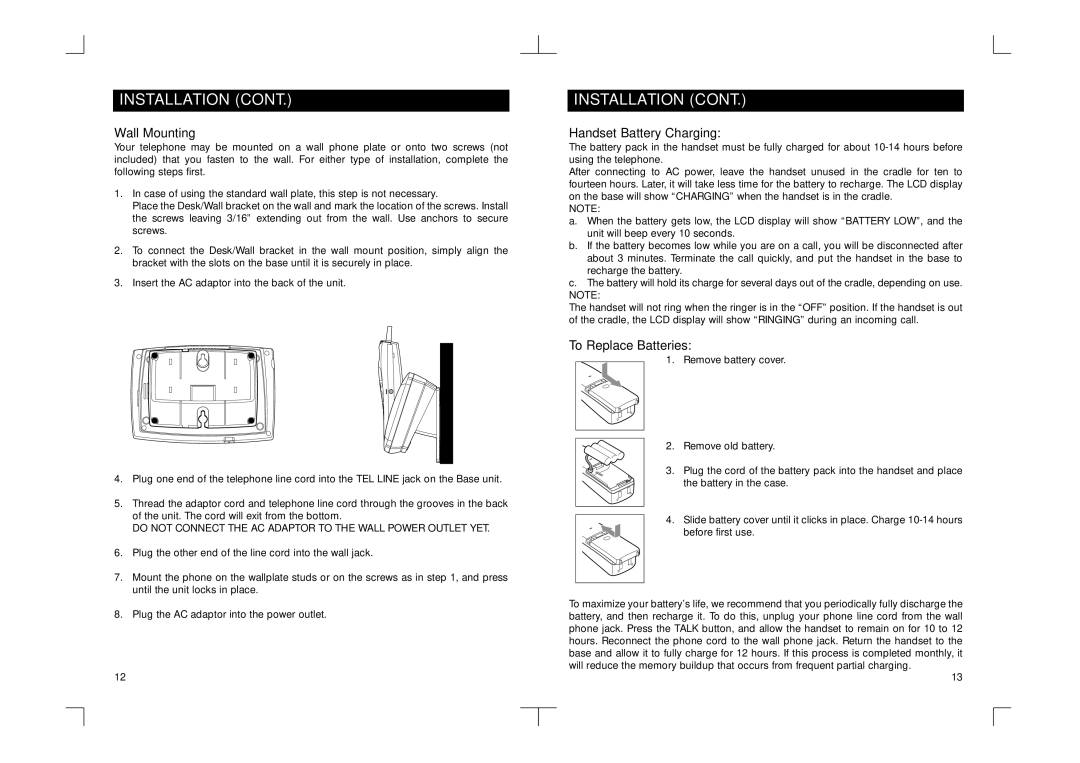 Southwestern Bell GH3028AT owner manual Wall Mounting, Handset Battery Charging, To Replace Batteries 