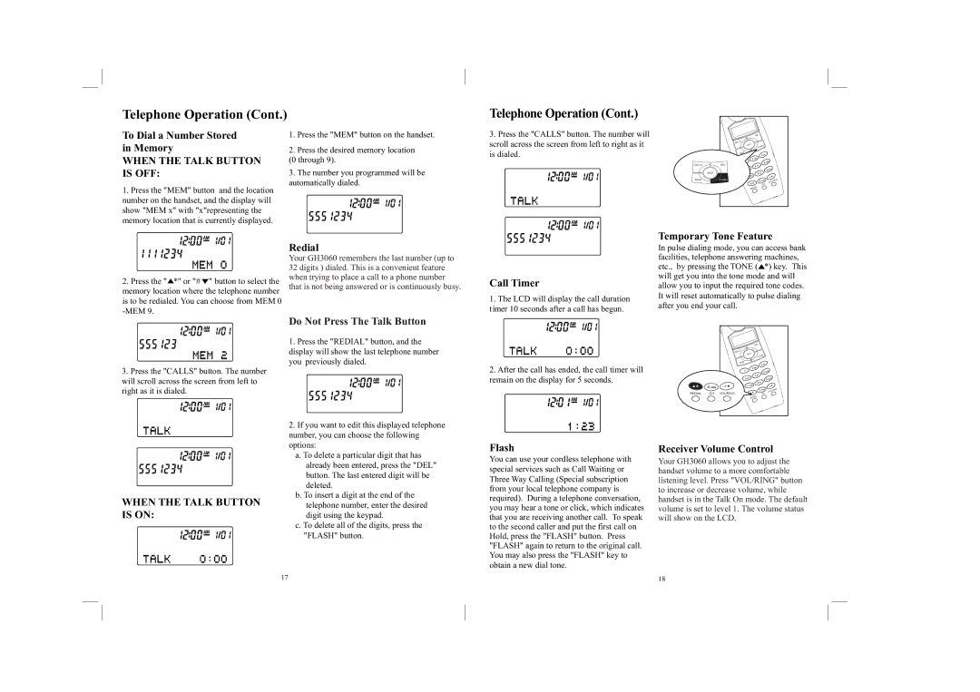 Southwestern Bell GH3060 owner manual When the Talk Button Is OFF, Do Not Press The Talk Button, When the Talk Button is on 