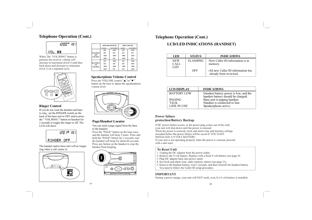 Southwestern Bell GH3060 owner manual LCD Display Indications, Power failure protection/Battery Backup, To Reset Unit 