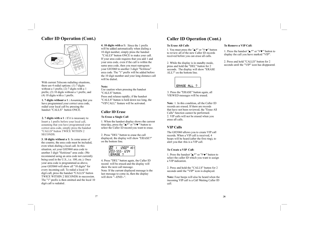 Southwestern Bell GH3060 owner manual Caller ID Erase, VIP Calls 