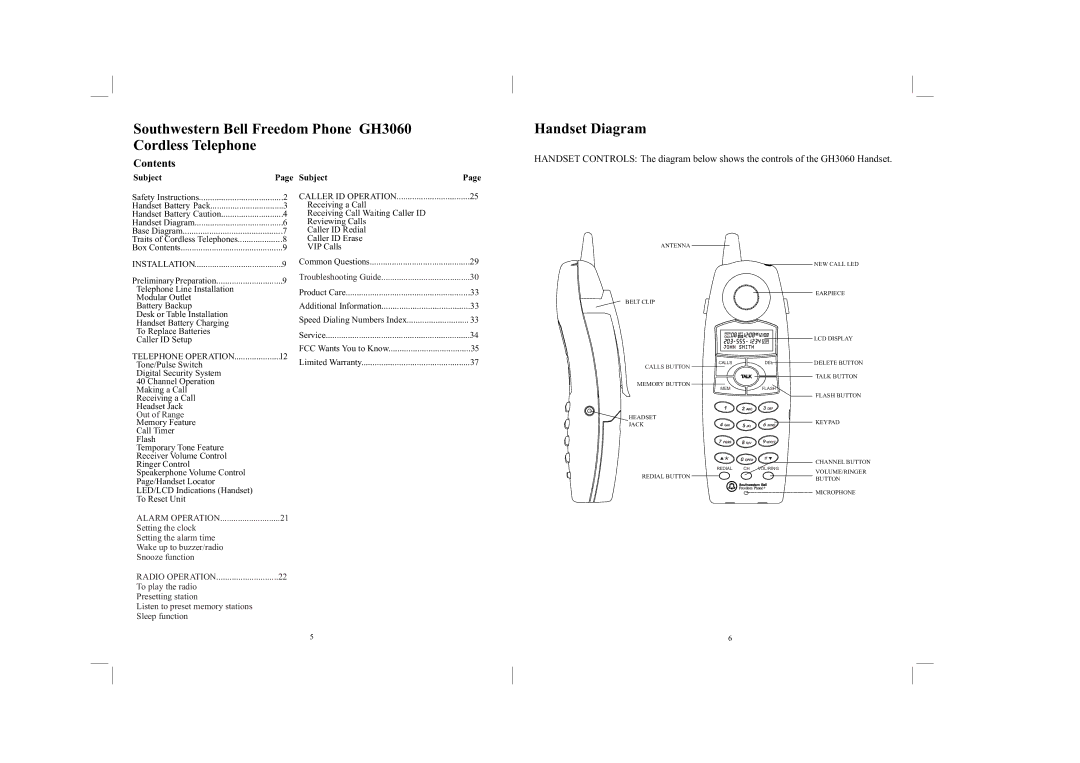 Southwestern Bell owner manual Southwestern Bell Freedom Phone GH3060 Cordless Telephone, Handset Diagram, Contents 