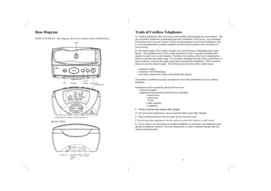 Southwestern Bell GH3060 owner manual Base Diagram, Traits of Cordless Telephones, Rear View 