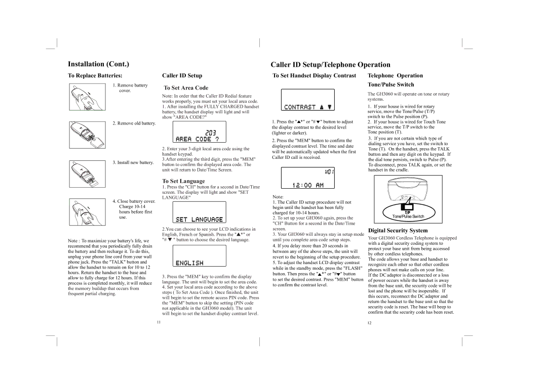 Southwestern Bell GH3060 owner manual Caller ID Setup/Telephone Operation, To Set Area Code, To Set Language 