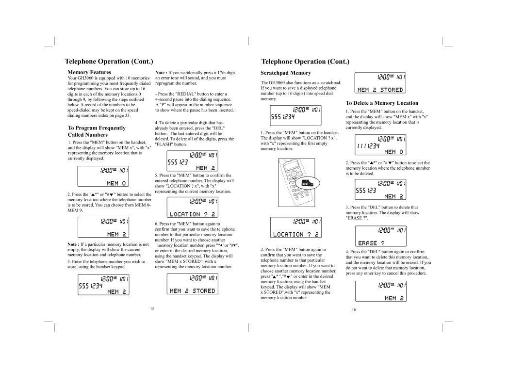 Southwestern Bell GH3060 owner manual Memory Features, To Program Frequently Called Numbers, Scratchpad Memory 