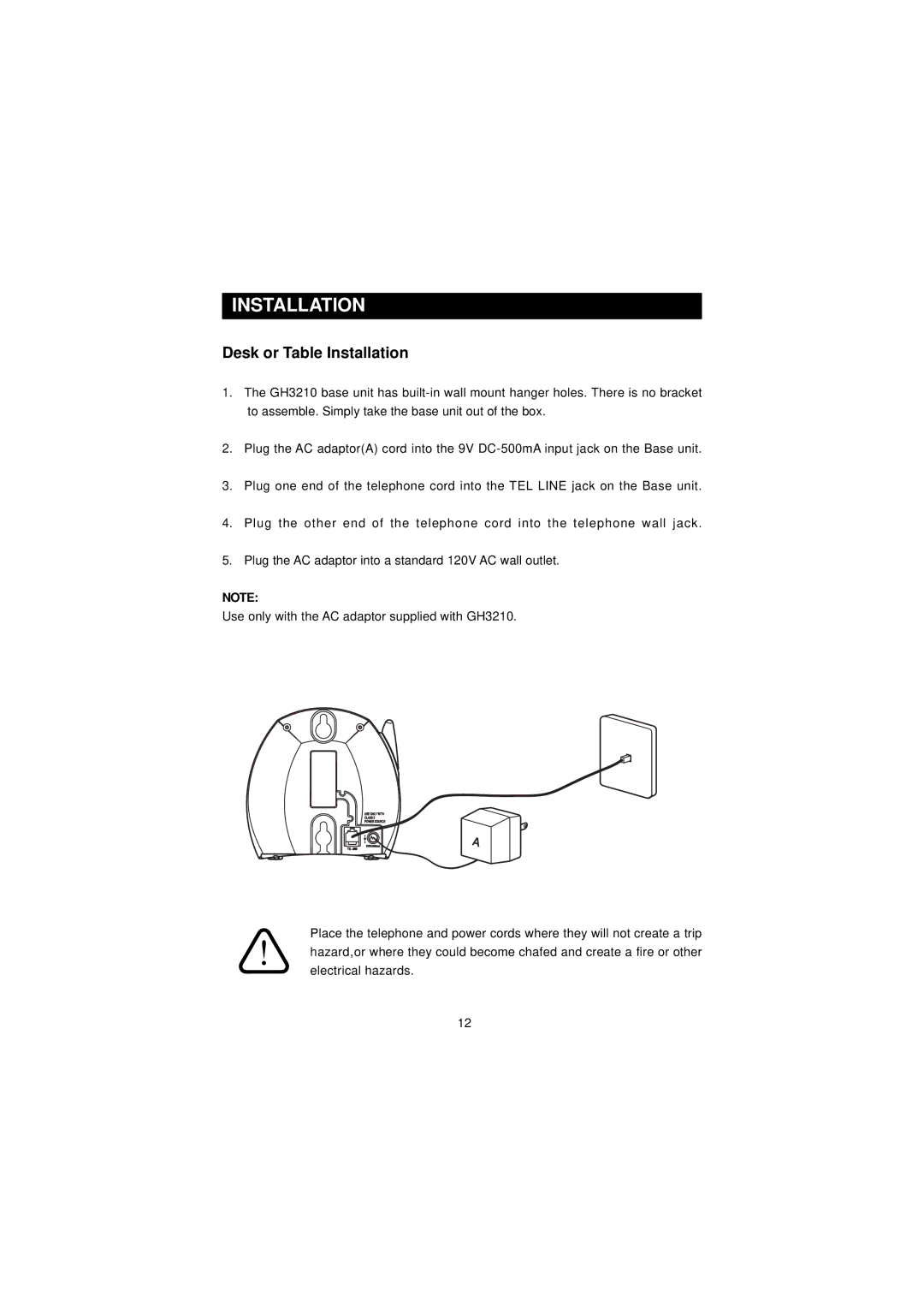 Southwestern Bell GH3210 owner manual Desk or Table Installation 