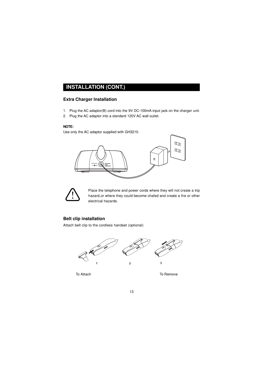 Southwestern Bell GH3210 owner manual Extra Charger Installation, Belt clip installation 