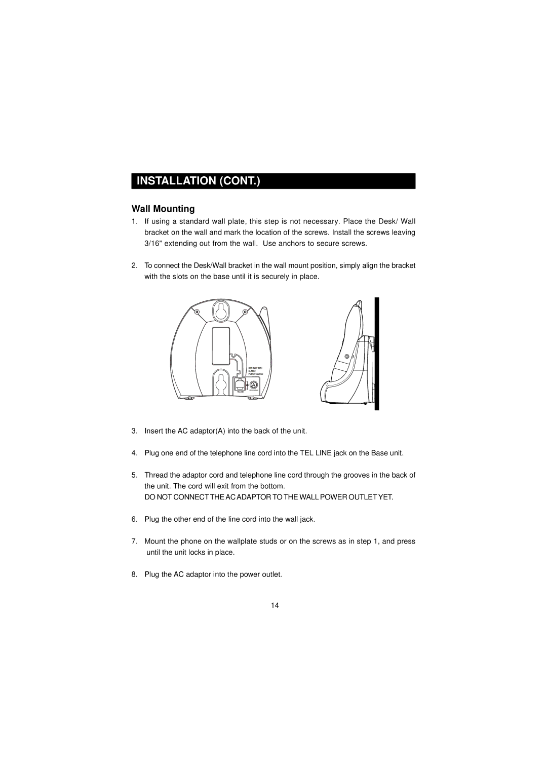 Southwestern Bell GH3210 owner manual Wall Mounting, Do not Connect the AC Adaptor to the Wall Power Outlet YET 