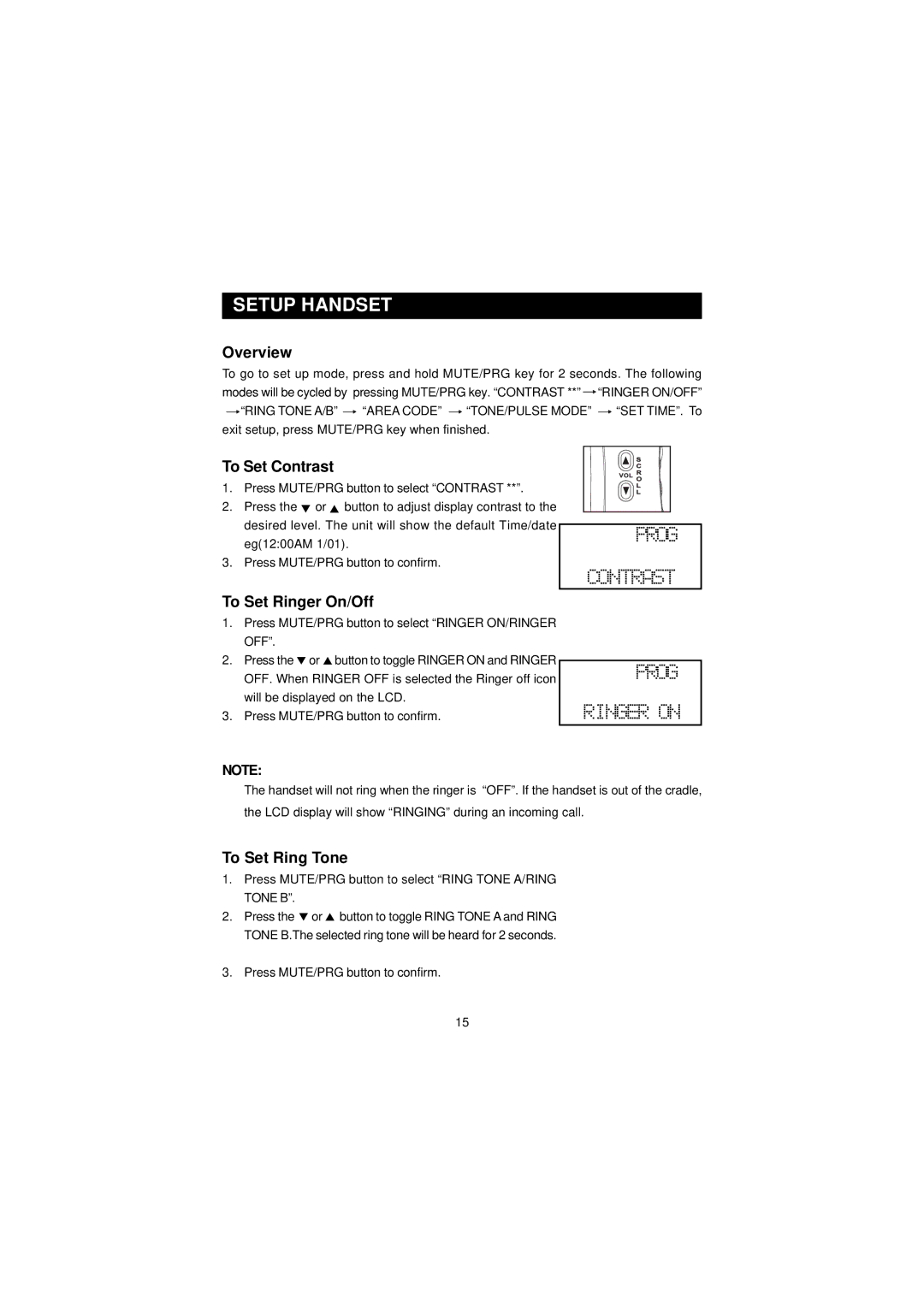 Southwestern Bell GH3210 owner manual Setup Handset, Overview, To Set Contrast, To Set Ringer On/Off, To Set Ring Tone 