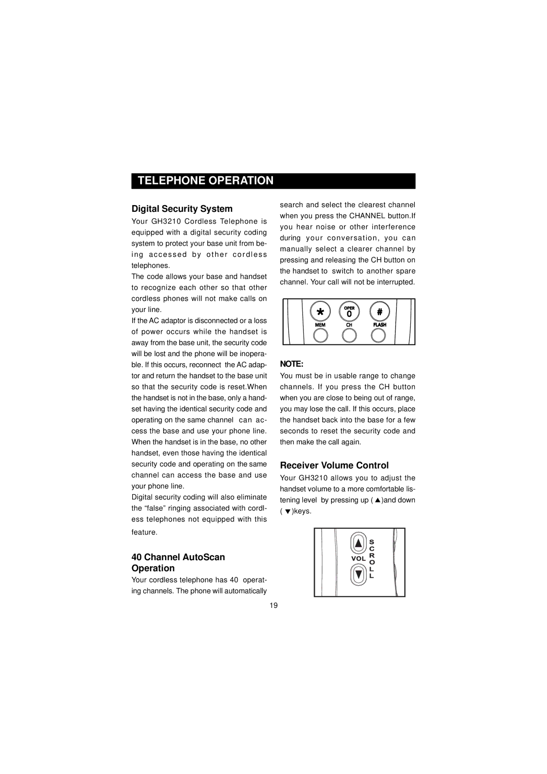 Southwestern Bell GH3210 Telephone Operation, Digital Security System, Channel AutoScan Operation, Receiver Volume Control 