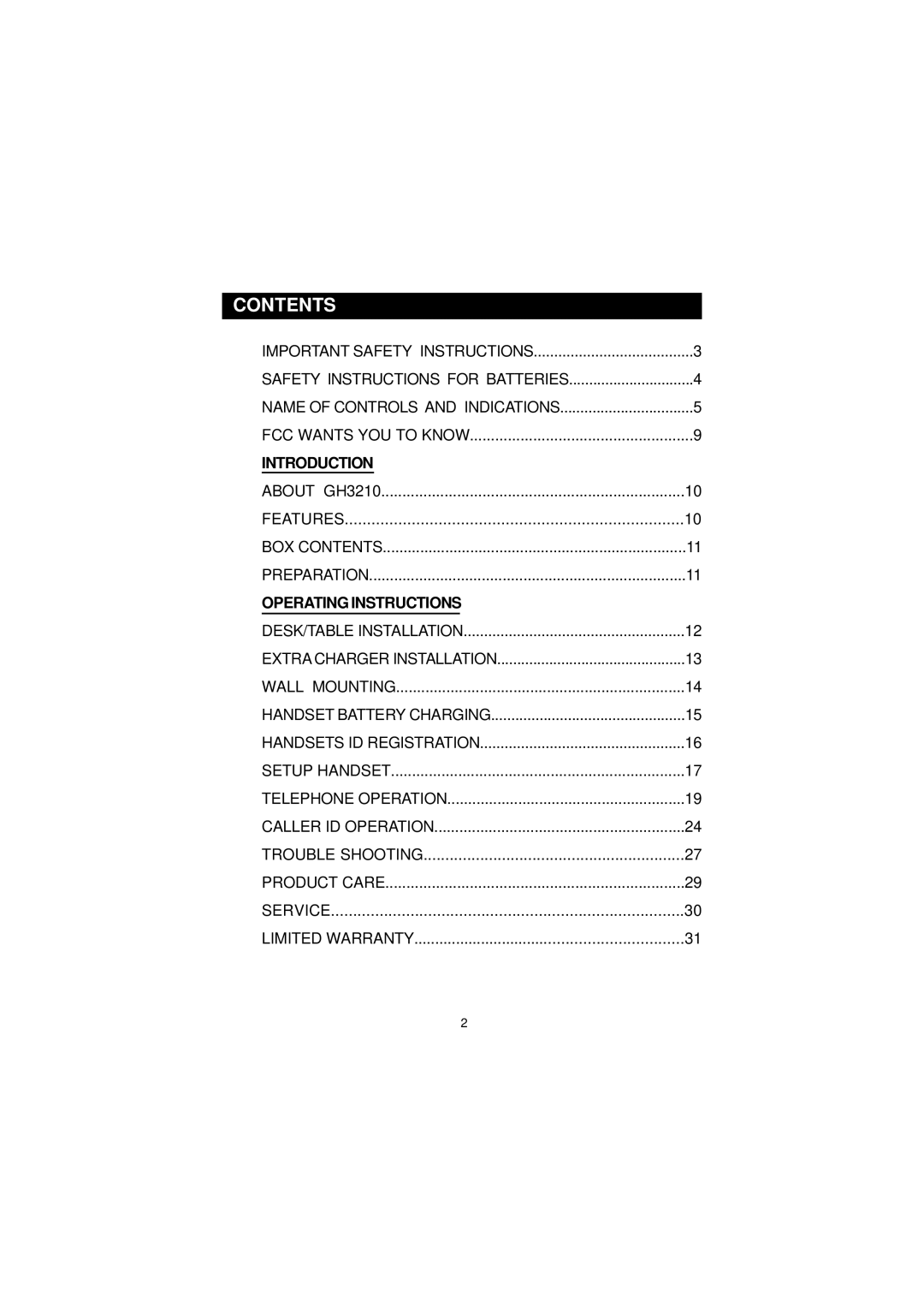 Southwestern Bell GH3210 owner manual Contents 