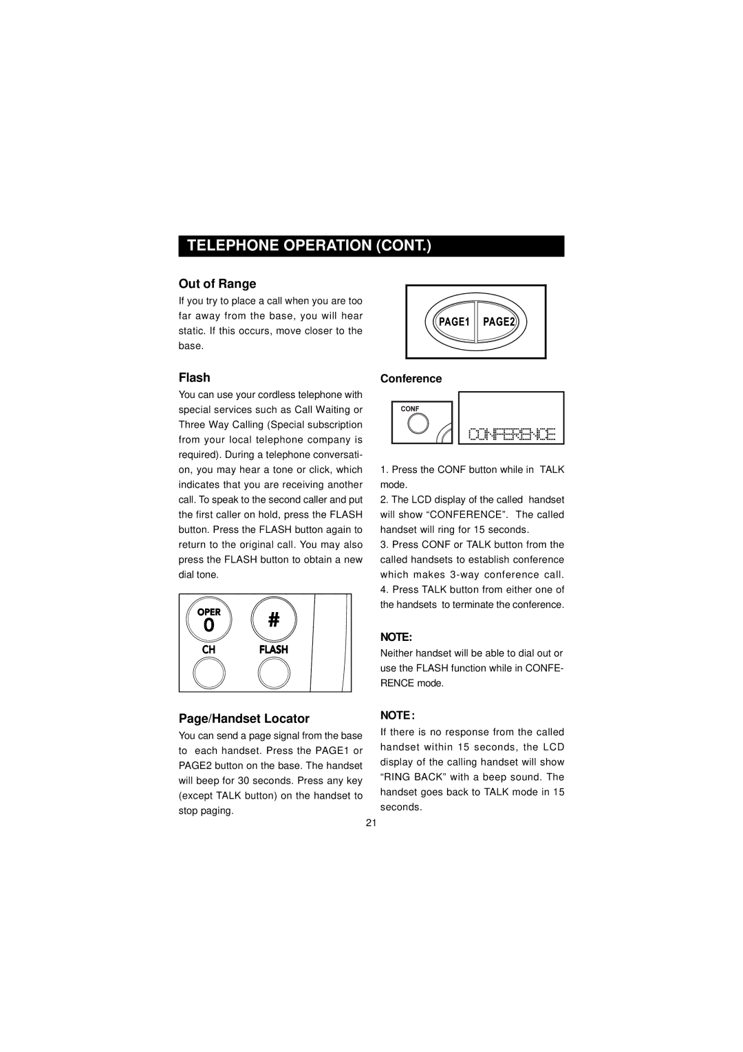 Southwestern Bell GH3210 owner manual Out of Range, Flash, Conference, Page/Handset Locator 