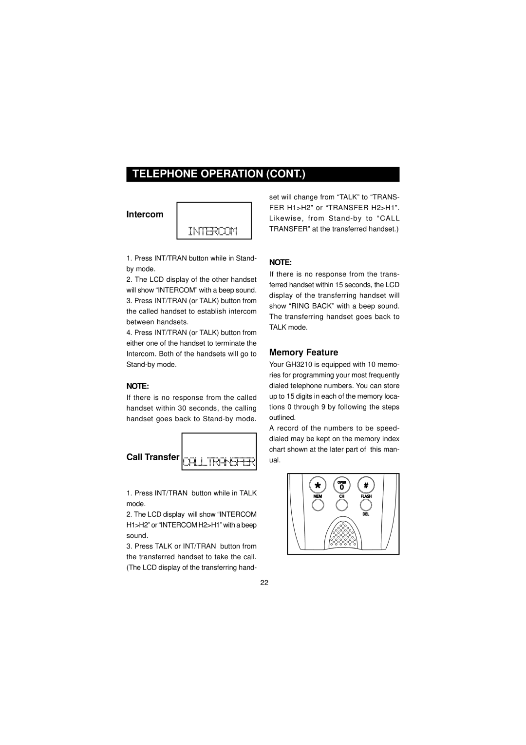 Southwestern Bell GH3210 owner manual Intercom, Call Transfer Calltransfer, Memory Feature 