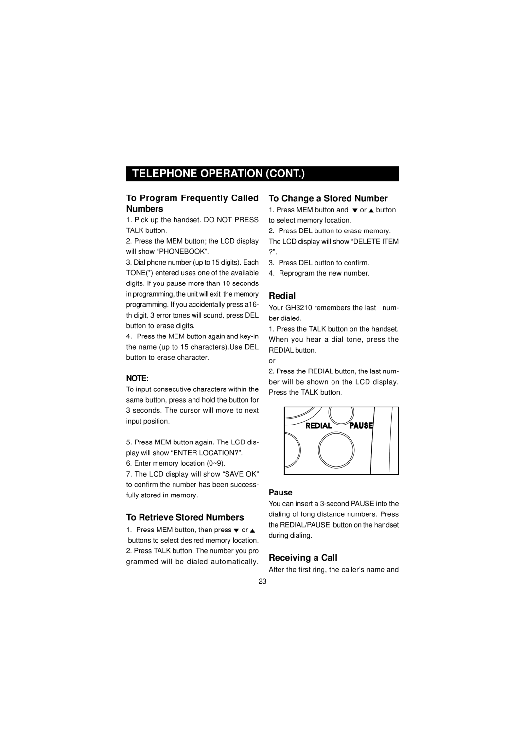 Southwestern Bell GH3210 owner manual To Program Frequently Called Numbers, To Change a Stored Number, Redial 