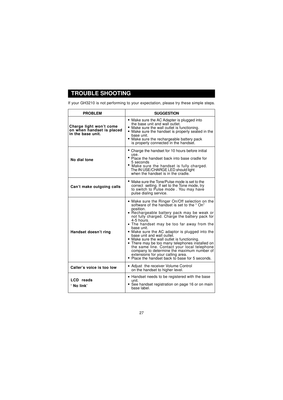 Southwestern Bell GH3210 owner manual Trouble Shooting 