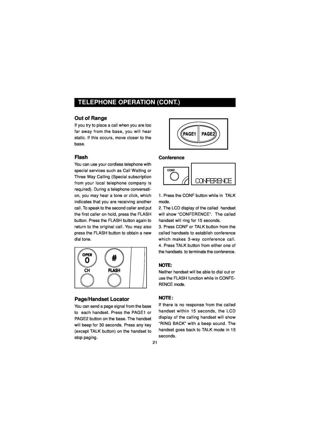 Southwestern Bell GH3210 owner manual Out of Range, Flash, Conference, Page/Handset Locator, Telephone Operation Cont 