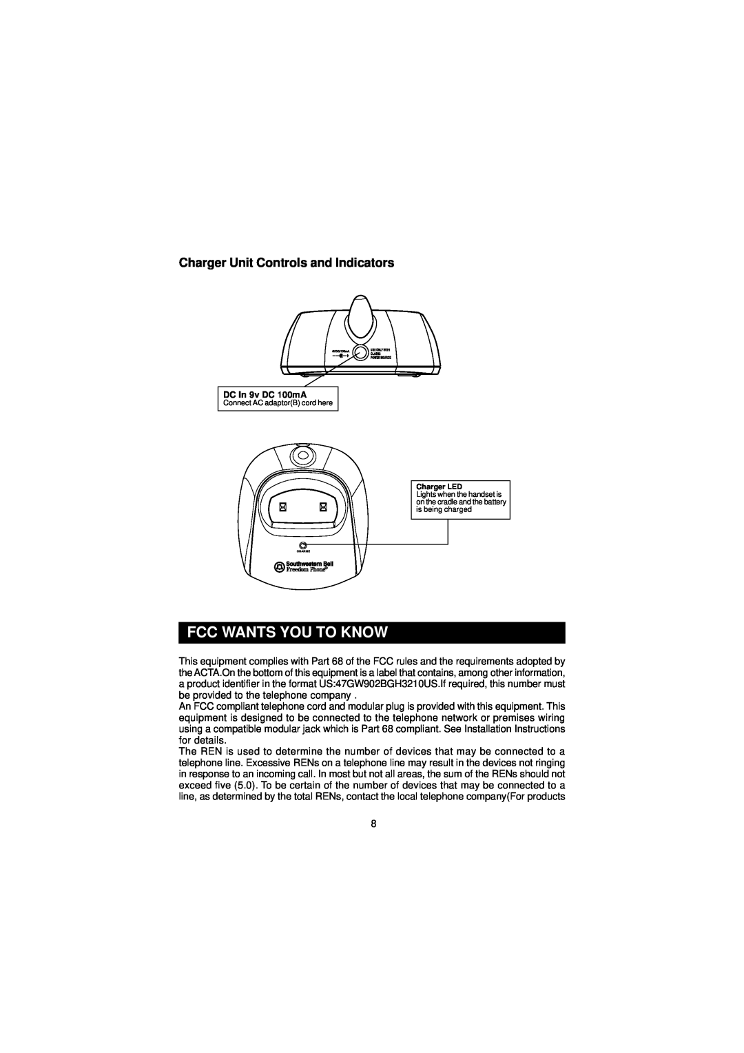 Southwestern Bell GH3210 owner manual Fcc Wants You To Know, Charger Unit Controls and Indicators 