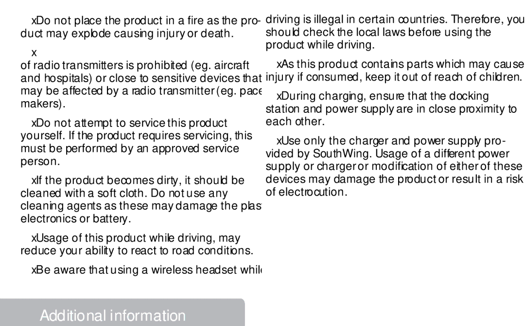 Southwing 5 Bluetooth Wireless Headset warranty Additional information 