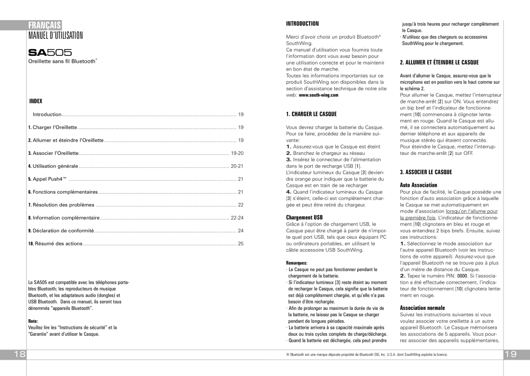 Southwing SA505 manual Manuel D’UTILISATION, Charger LE Casque, Associer LE Casque 